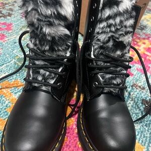 Dr. Martens Black and Gray Faux Fur Combat Boots